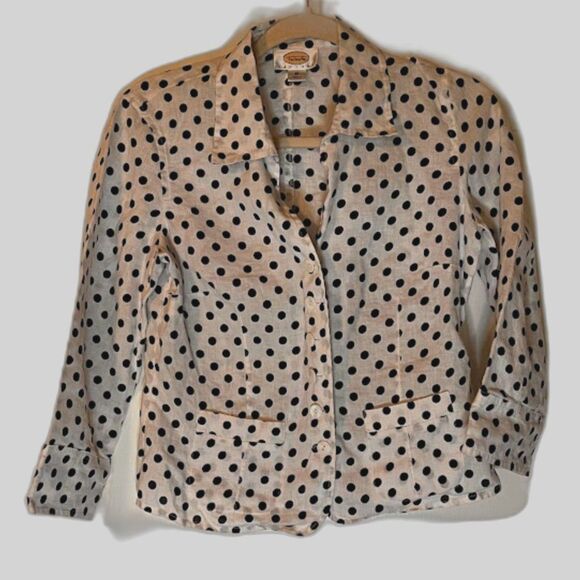 Talbots Petites Shacket 6P White Black Polka Dots 100% Linen Business Casual - Picture 2 of 8